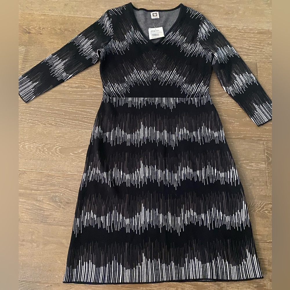 NWT Anthropologie Anne Klein Black White Boho Geometric Sweater Knit Dress M